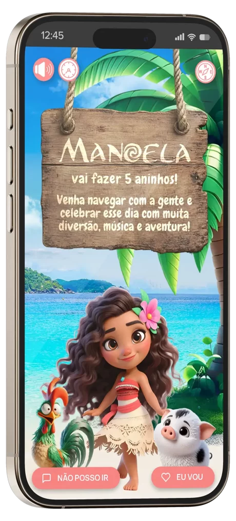 convite interativo Moana, com música e interatividade