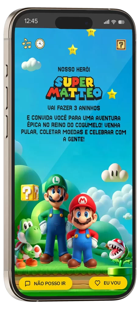 convite interativo Super Mario, com música e interatividade