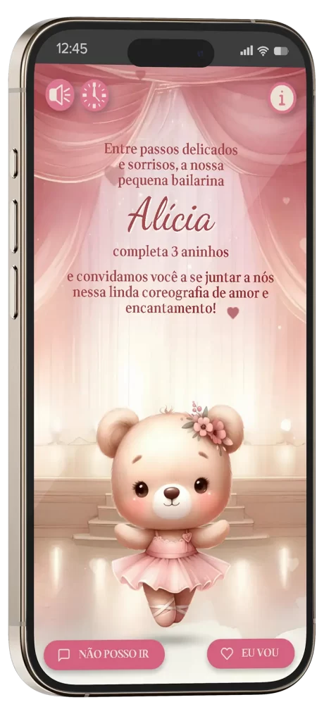 convite interativo ursinha bailarina, com música e interatividade